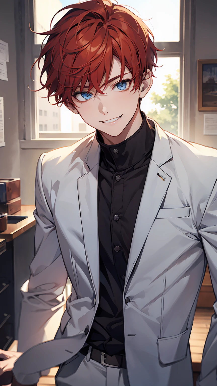 1boy,short hair, red hair, light blue eyes,confident smile,high school student,masterpiece, high quality