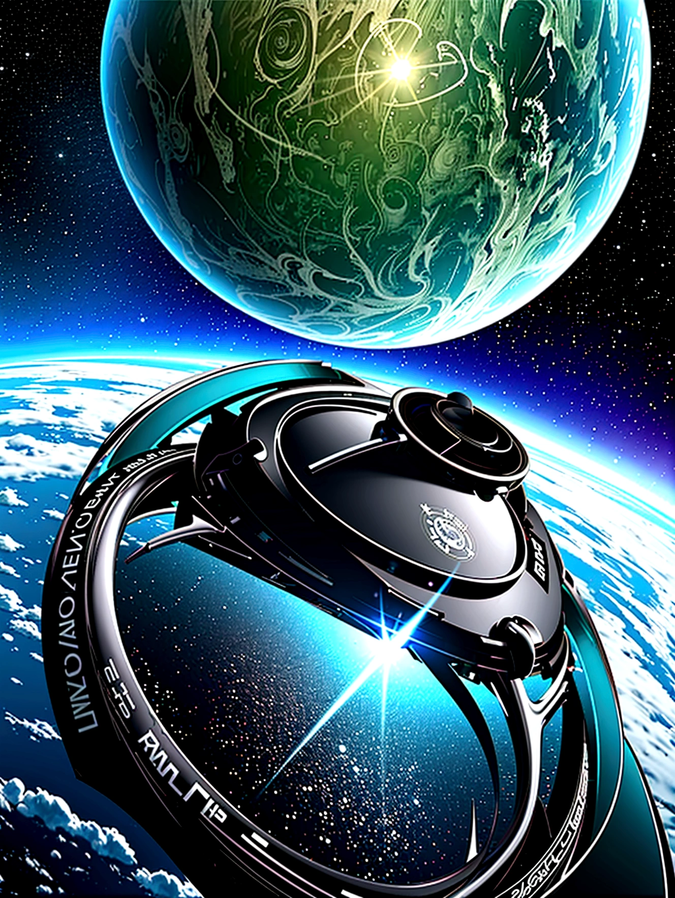 planeta verde e branco, seen from space, uma nave tipo as naves de guerra nas estrelas, feita de metal brilhante voando na orbita deste planeta, make the image very dramatic and surreal