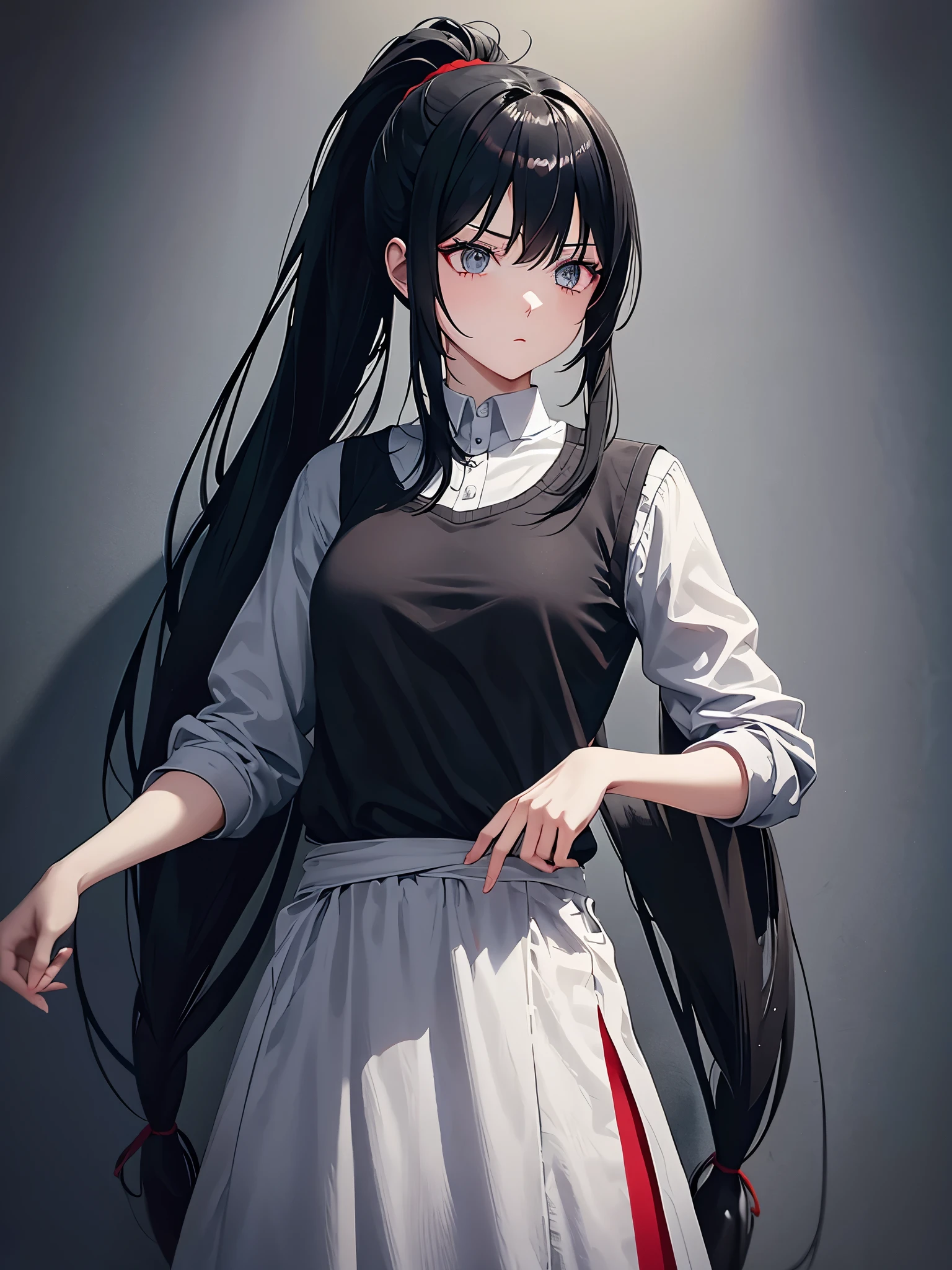 Black Hair、ponytail、long hair to the waist、Tied together with red braid、Grey Eyes、Girl in prison uniform、has a dull look