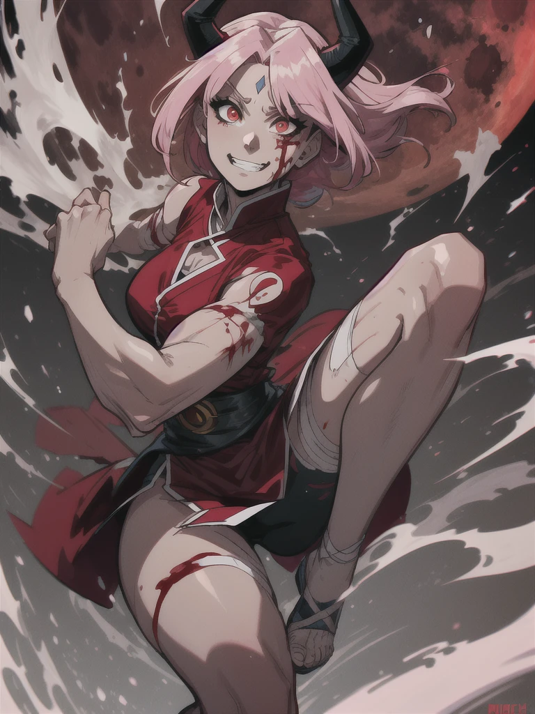 (masterpiece:1.2, best quality:1.2, beautiful, high quality, highres:1.1), detailed, extremely detailed 4K, perfect eyes, perfect face, perfect lighting, (1girl, solo, adult female, mature female), [muscular], thin, thigh muscles, leg muscles,
pink hair, red eyes, haruno sakura, forehead mark, slit pupils, fangs, evil grin, horns, side slit, blood tear marks, 
demonictech, [demonictech japanese village background], (blood red moon), glowing red runes,
