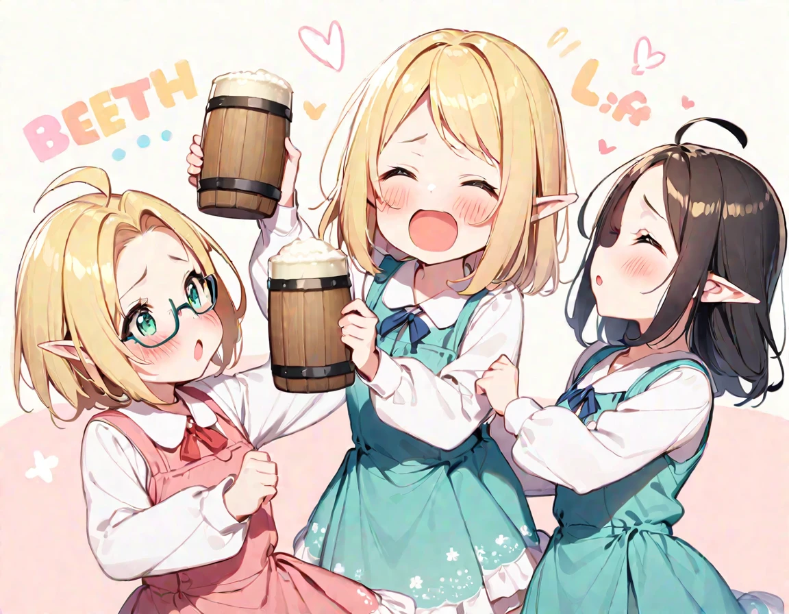  girls, ((3girls)),  face, glossy blonde hair, ahoge, happy smile, short hair, glasses, elf, ((blush:1.5)), pastel background, open mouth, (fighting pose), ((lift up beer mug)), :o, (><), closed eyes, (forehead), dancing, ((tooth))