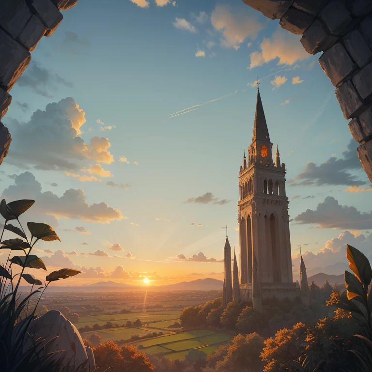 Illustration background，Meadow forest sky, ((Late afternoon scene)... (View at the top of a stone tower, gray color) ( Sky color with orange tones, sunset style)