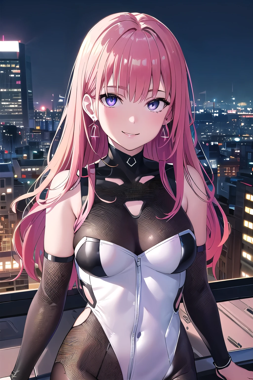 (8K, top-quality, masterpiece:1.2), (reallistic, Photorealsitic:1.37), Super Detail, One girl,), (Highly detailed), (beautifully detailed eyes), (of the highest quality), (super detailed ), (masterpiece), (Detailed face),20yr old, ,1 girl, ((pink hair,long hair)), medium breasts, clothed, Perfect Lighting, BREAK (glossy bodysuit:1.5), (purple and white colors:1.3), (geometric patterns bodysuit:1.3), (high-quality fabric:1.2), (stretch:1.1), (glossy:1.2), (mesh cutouts:1.4), (high-tech details:1.3), (heel sandals:1), (statement earrings:1), (chain necklaces:1), (complex patterns:1.2), (choker:1), (arm bands:1), BRAKE, (upper body to thighs:1.2), (long pink hair:1.1), (smile:1.2), (looking at viewer:1.1), (natural pose with hands:1), (urban rooftop at night:1.5), (neon lights:1.3), (soft lighting:1.2)


