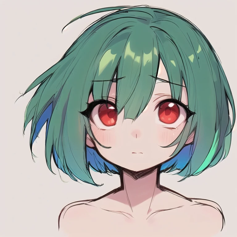 slim, skinny, Small breasts, (Red eyes:1.2), Green Hair, Multicolored Hair, Aqua Hair, Bobcut, , View Viewer,  alone, sketch, Portraiture, Simple Background 