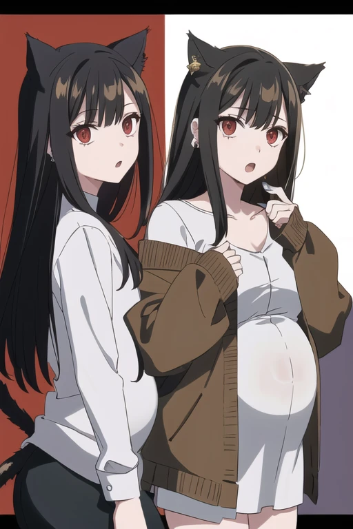 (extremely detailed CG unity 8k wallpaper),(masterpiece),(highest quality),(ultra-detailed),(Best illustrations),(Best Shadow),(Absurd),One girl,alone,Chigahara, One girl, Animal ears, alone, Cat ear, tail, shirt, Long Hair, Holding, white shirt, View Viewer, cat tail, Red eyes, Open your mouth, !, Earrings, jewelry, Black nails, Off the shoulder, Black Hair, Long sleeve, bangs, Manicure, Jacket, brown Jacket, Border, ear piercing, Cat girl、Pregnant women