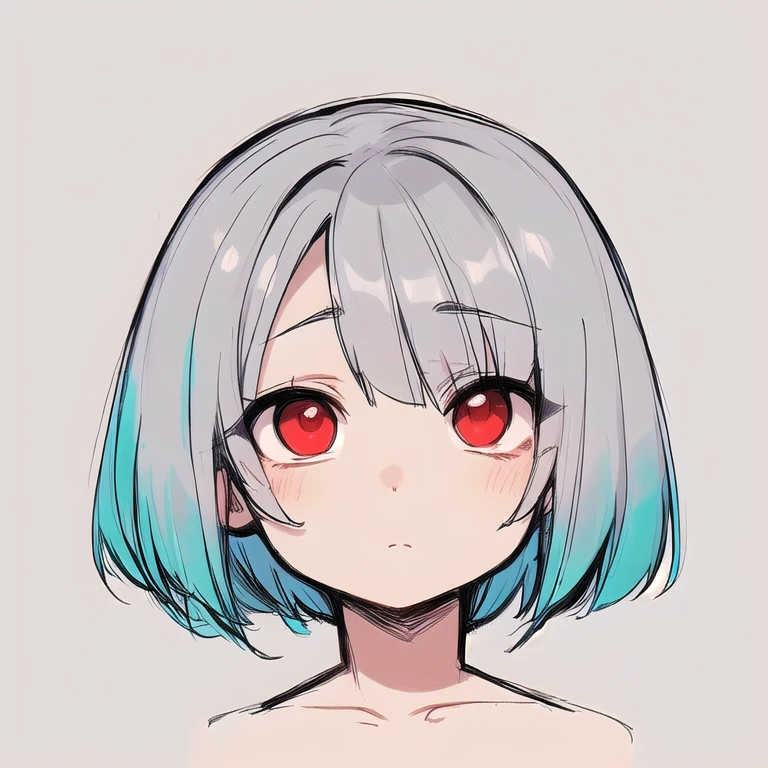 slim, skinny, Small breasts, (Red eyes:1.2), Gray Hair, Multicolored Hair, Aqua Hair, Bobcut, , View Viewer, alone, sketch, Portraiture, Simple Background