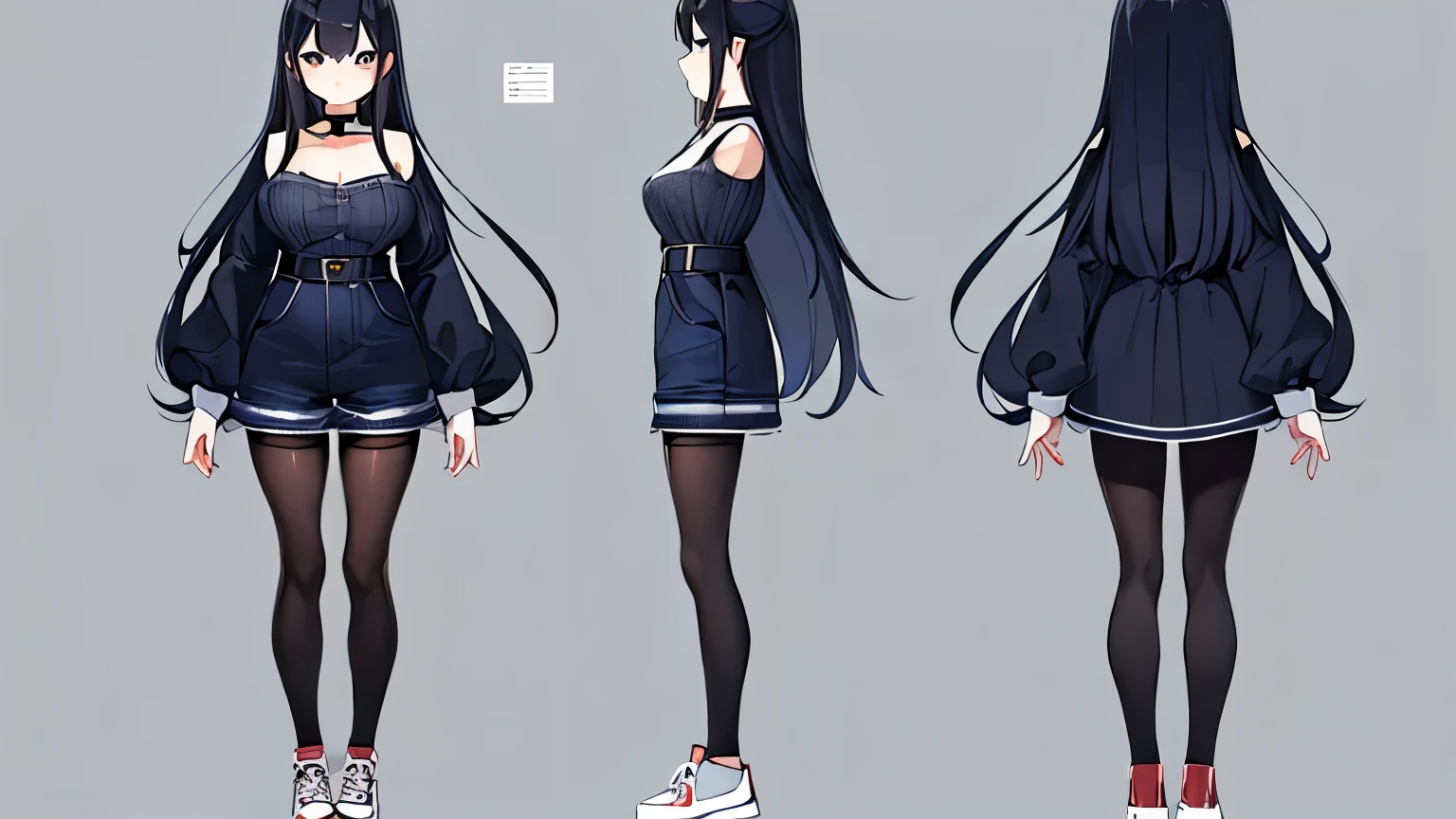 Detail image, realistic image, 1 elf. smiling. She has medium long brown hair which has strands of hair hanging over the right side of her face, large blue eyes and a delicate oval face, small breasts and a slim, curvy figure. She is wearing an off-shoulder sweater, pleated mini skirt. thin thong. sneakers. Full body view. Black background, Uniform background. Ambient light. Volumetric Light