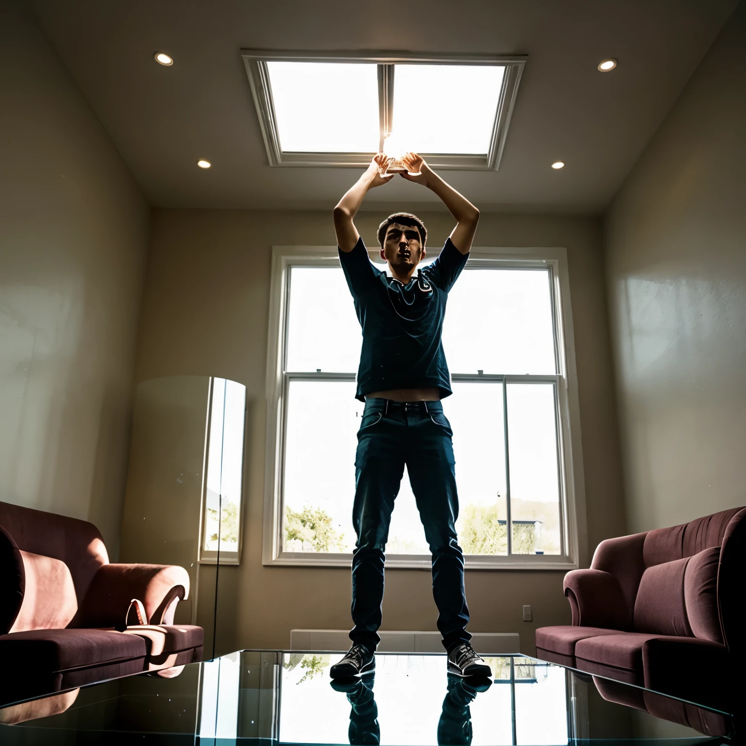 A young man standing on a glass table, with his arms raised above his head, unscrews a light bulb from the ceiling