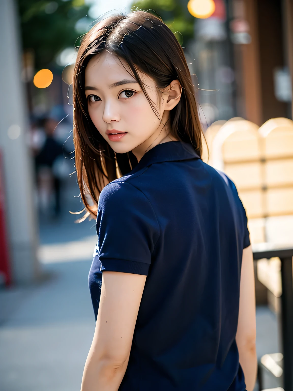 (Tabletop, highest quality:1.2), 8k, Official Art, Full body photo, Esbian all over、Back Angle、looked back、Cute ass、suit、Embarrassing black hair、14 years、small 、close your eyes、Deep sorrow、sorrow、Looking up at the sky、shout、 unbelievably ridiculous, (Upper Body, Dark blue polo shirt:1.4), beautiful girl, Pretty face, lean back, Cute Panties、Gold ornament in hair、Cute short sleeve high  for girls、close, Wearing a girls' high , Short sleeve, Gardenia, Violet, Teen, street, View Viewer, Film Grain, chromatic aberration, Sharp focus, Face Light, Dynamic Lighting, Cinema Lighting, Eye and facial details, Bokeh Background, (tie、1:1.2)