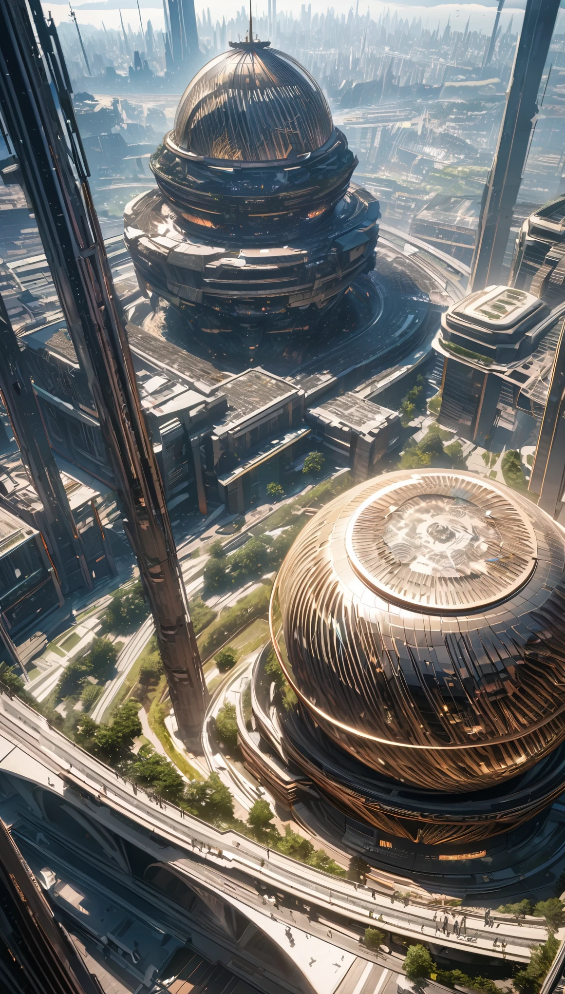 Anime aesthetics, bustling futuristic city with massive citadel, hive-ship now a museum piece, Hans Giger style blending into bright, utopian design, clear sunny day, heroic and hopeful atmosphere, curved lines, sci-fi, beautiful scene, wide shot, from high above, 16k, 8k, best quality, highres, high quality, high details, super detail, accurate, UHD.