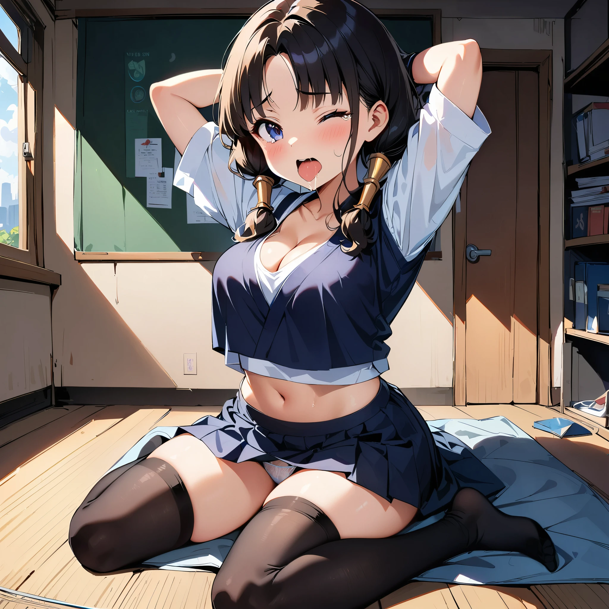 One girl, highest quality, Super detailed, masterpiece, Ultra-high resolution, 8k, Ridiculous, Cowboy Shooting, Focus on the girl, Embarrassing, blush, Lovely, Close one eye, With tears in her eyes and her mouth open, What saliva leaves behind, (arms behind head), (wariza), (japanese ninja), (cleavage),(crop top navel), Sticky panties, White lace panties, Classroom Background, (Videl:1.2), The skirt is accidentally exposed,medium breasts, Accidentally exposed panties, Absolute area, Black knee socks