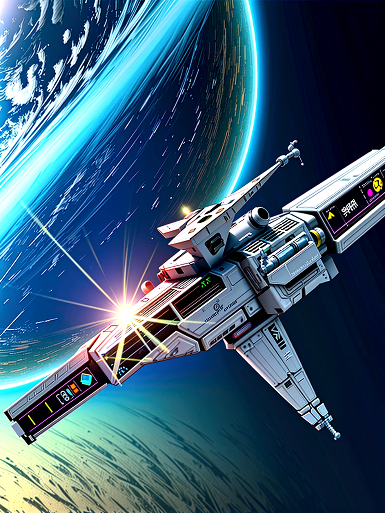 planeta verde e branco, seen from space, a T70 x-wing fighter-type craft, feita de metal brilhante voando na orbita deste planeta, make the image very dramatic and surreal
