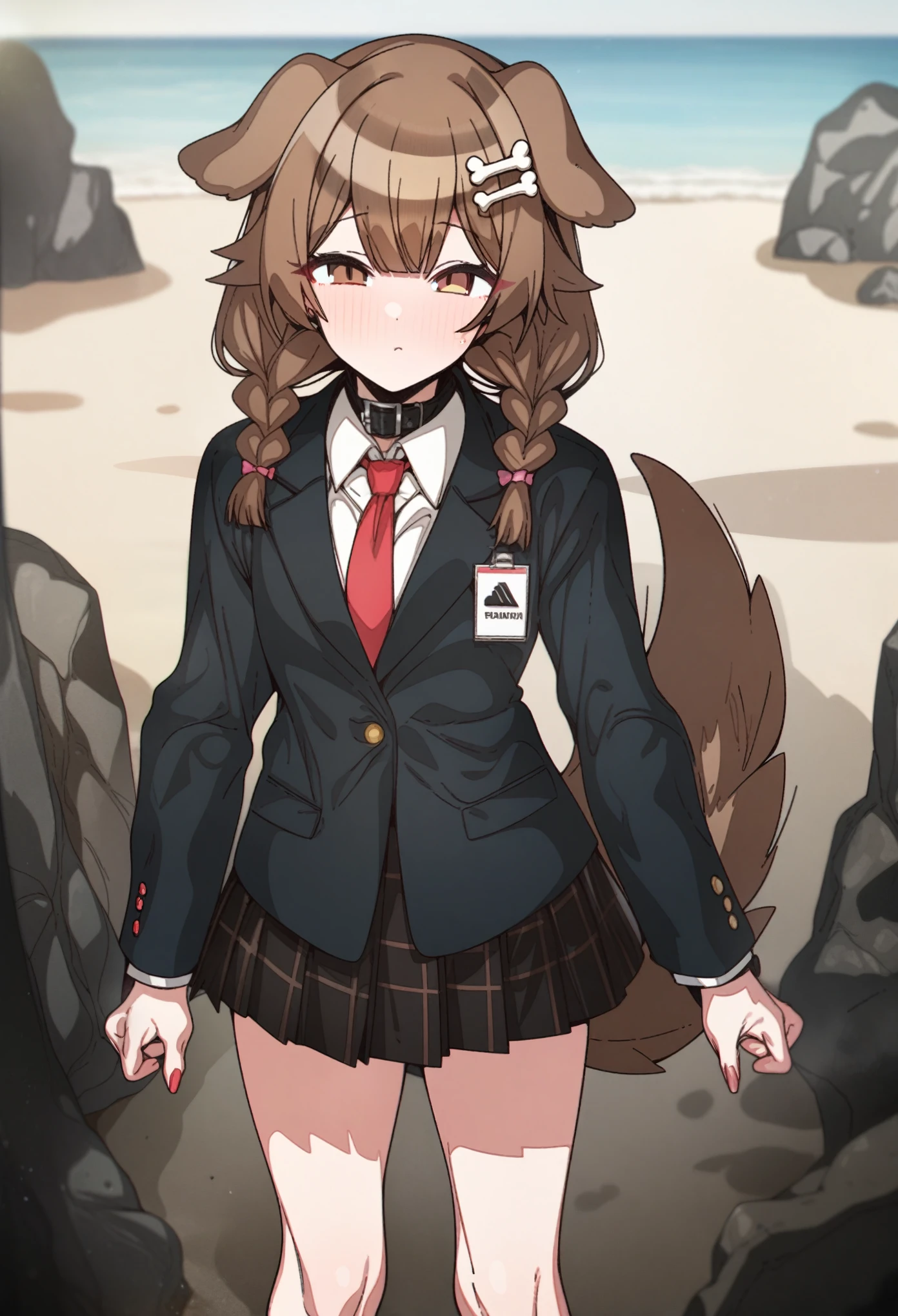 hoshino_(blue_archive) with brown hair and brown eyes, Artist, erere, Copyrights, idolmaster, idolmaster_shiny_colors, Character, General, 1girl, brown_hair, blunt_bangs, blush, medium_breasts, breasts, detailed eyelashes, beatiful girl:1, brown_eyes, censored, school_uniform, black pleated skirt, black blazer, white shirt, red tie, dog_tail, animal_collar, twin_braids, dog_ears, bone_hair_ornament, :|:0.5, (full_body) (standing in middle, beach, rocks), sky:0.7, half-closed_eyes, detailed, sand, outdoors, from_side, looking_at_viewer, masterpiece, best_quality, great_quality, girl, solo, center_composition, centered character, cute
