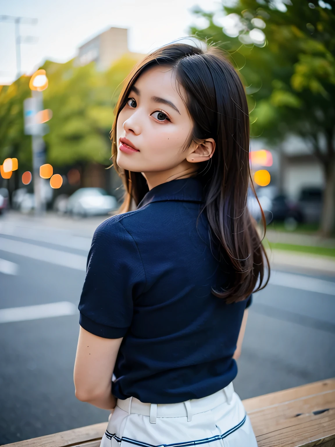 (Tabletop, highest quality:1.2), 8k, Official Art, Full body photo, Esbian all over、Back Angle、looked back、Cute ass、suit、Embarrassing black hair、14 years、small 、close your eyes、Deep sorrow、sorrow、Looking up at the sky、shout、 unbelievably ridiculous, (Upper Body, Dark blue polo shirt:1.4), beautiful girl, Pretty face, lean back, Cute Panties、Gold ornament in hair、Cute short sleeve high  for girls、close, Wearing a girls' high , Short sleeve, Gardenia, Violet, Teen, street, View Viewer, Film Grain, chromatic aberration, Sharp focus, Face Light, Dynamic Lighting, Cinema Lighting, Eye and facial details, Bokeh Background, (tie、1:1.2)