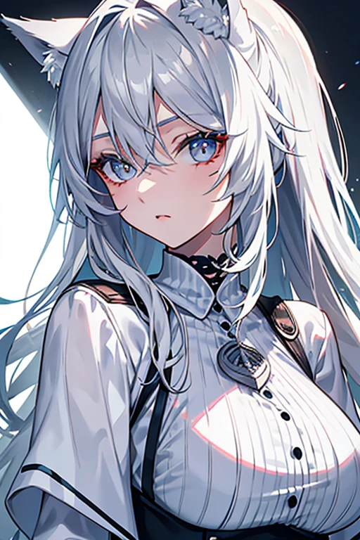best qualtiy，tmasterpiece，The is very detailed，4K，Gray hair and shallow eyes，Drag cool expressions，Wolf ears，Erect scar on the left eye，British style，1girl，Absolutely beautiful, big bust, white costume
