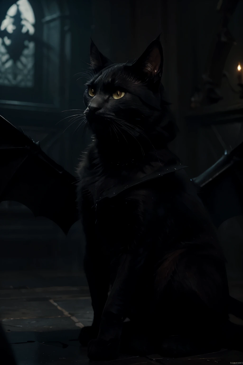 a black cat with bat wings, detailed anatomy, dark gothic fantasy, dramatic lighting, cinematic composition, red color palette, dramatic shadows, artstation, concept art, digital art, high quality, 8k, realistic, photorealistic, masterpiece, intricate details,, atmospheric background, chiaroscuro lighting, deep contrast, rich textures, dramatic atmosphere
