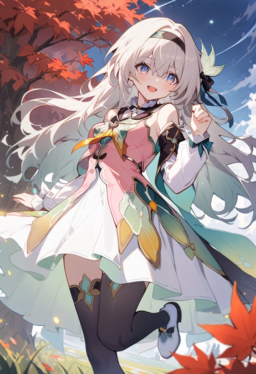 firefly \(honkai: star rail\),1girl,solo,(Pink strapless dress :1.5), (silver Long hair:1.5) ,black _ hair band, X-shaped _ eyebrows, hair band, POE _ Hair, bangs, bare shoulders, full body shot, black stockings, white heels, outdoor, red Maple Grove,