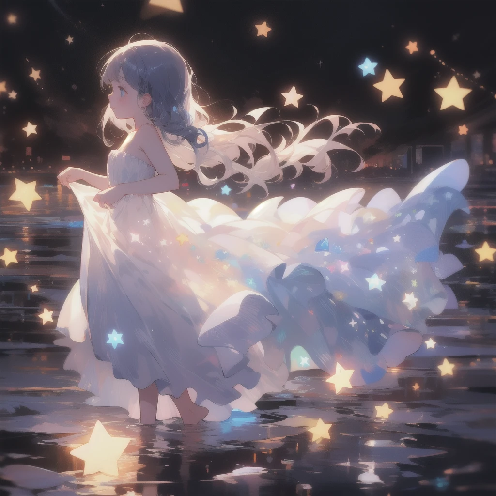 xcdd,One princess girl,alone,iridescent dress,Water play,star \(symbol\),Long Hair,Skirt Hold,water,white dress,Exposing shoulders,null,night,Shine,Are standing,profile,Bare arms,Shine,Strapless,Braiding,star \(null\),Strapless dress,View Viewer,Outdoor,night null,(masterpiece, 最high quality, high quality, High resolution, Super detailed),