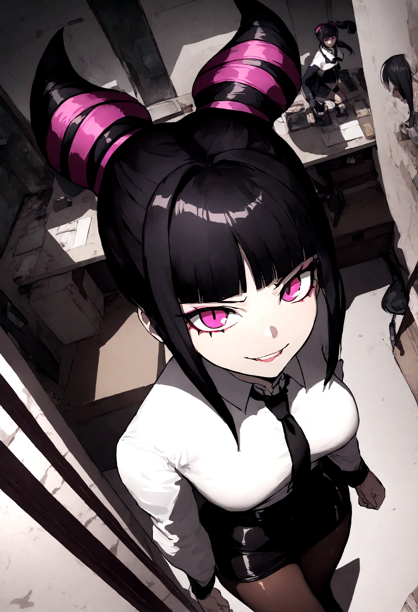 juri han, work of art, tight white secretary shirt with black tie, black high waist skirt, short skirt, black hair, black tights,evil smile,office,franja nos olhos,lighting,chifre de cabelos,view from above,olhando para cima,sentada,pernas cruzadas
