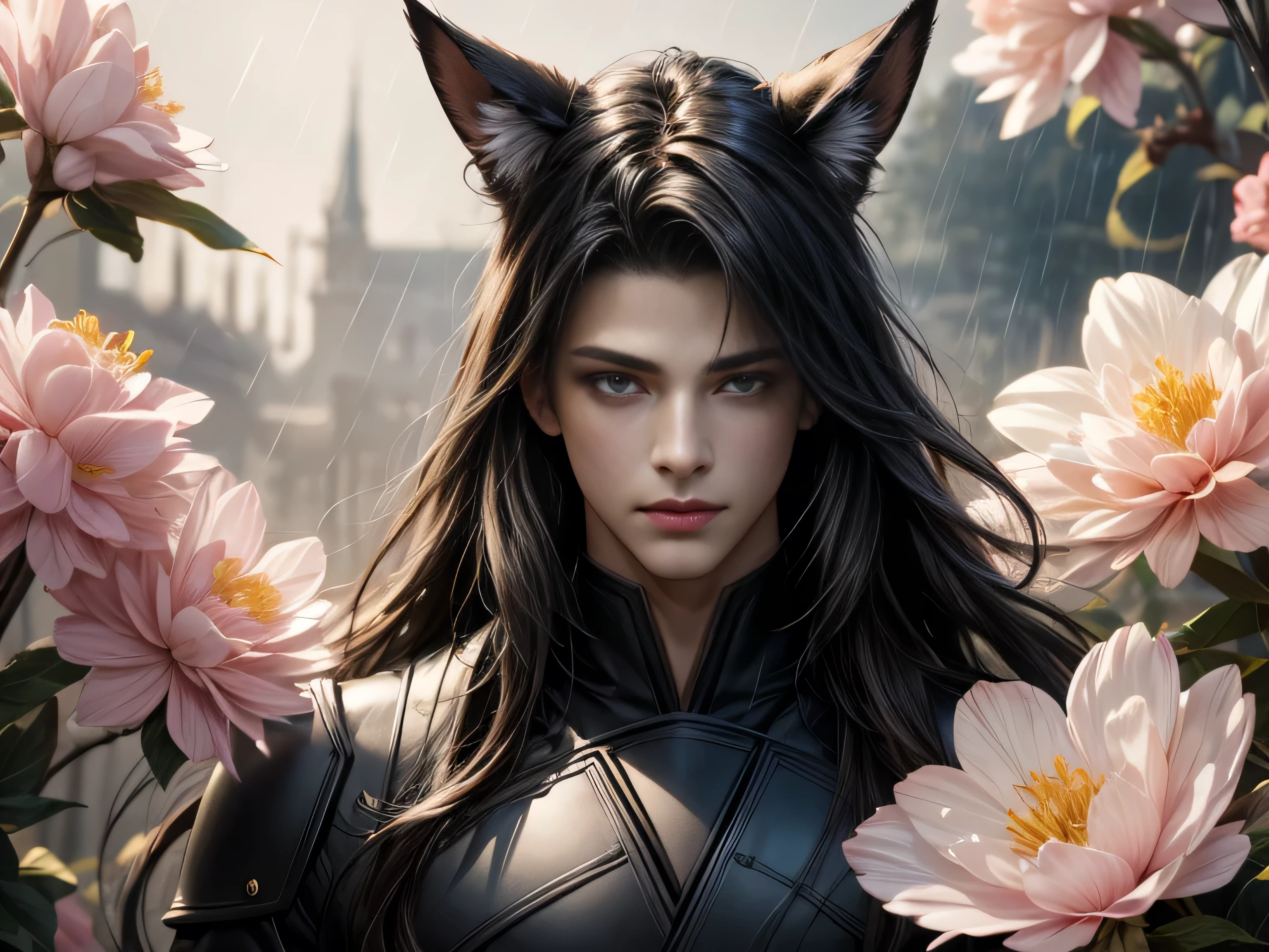 (Best Quality, 8K, Masterpiece, HDR, Soft Lighting, Picture Perfect, Realistic, Vivid), Nine Tails of a Black Fox (1.0), Tail of a Black Fox (1.0), Nine-Tailed Fox, Guy Fox with Black Hair and Blue Suit Sexy open leather suit, naked torso with developed body, beautiful fantasy anime, very handsome and cute fox guy, pink flower rain, background blur, anime fantasy, Gouves style work, realistic: 1.37, top view, lying in pink flowers, horizontal view, (ultra high quality fantasy art), masterpiece, male model, ultra high quality male character design, anime art with 8k development, realistic anime art, highest quality wallpaper illustrations, complex ultra high quality accurate male characters faces, high quality design and accurate physics (super high quality fantasy style)) art, dark fantasy)) Style), masterpieces, super high-quality characters, anime resolution - 8K, realistic anime art, wallpapers with the highest quality illustrations, ultra-high detail of faces, high-quality design and accuracy of physics), color, depth of field, shadows, ray tracing , production of high-quality computer wallpapers and 8K resolution, (Accurate simulation of the interaction of light and materials)], [High-quality hair detail [More about beautiful and shiny red hair]], (Beautifully detailed hands [perfect fingers [Perfect nails]], (perfect anatomy (perfect proportions)))) [[Full-length]], [Perfect combination of colors (Accurate imitation of the interaction of light and material)], [art that conveys the meaning of the story]