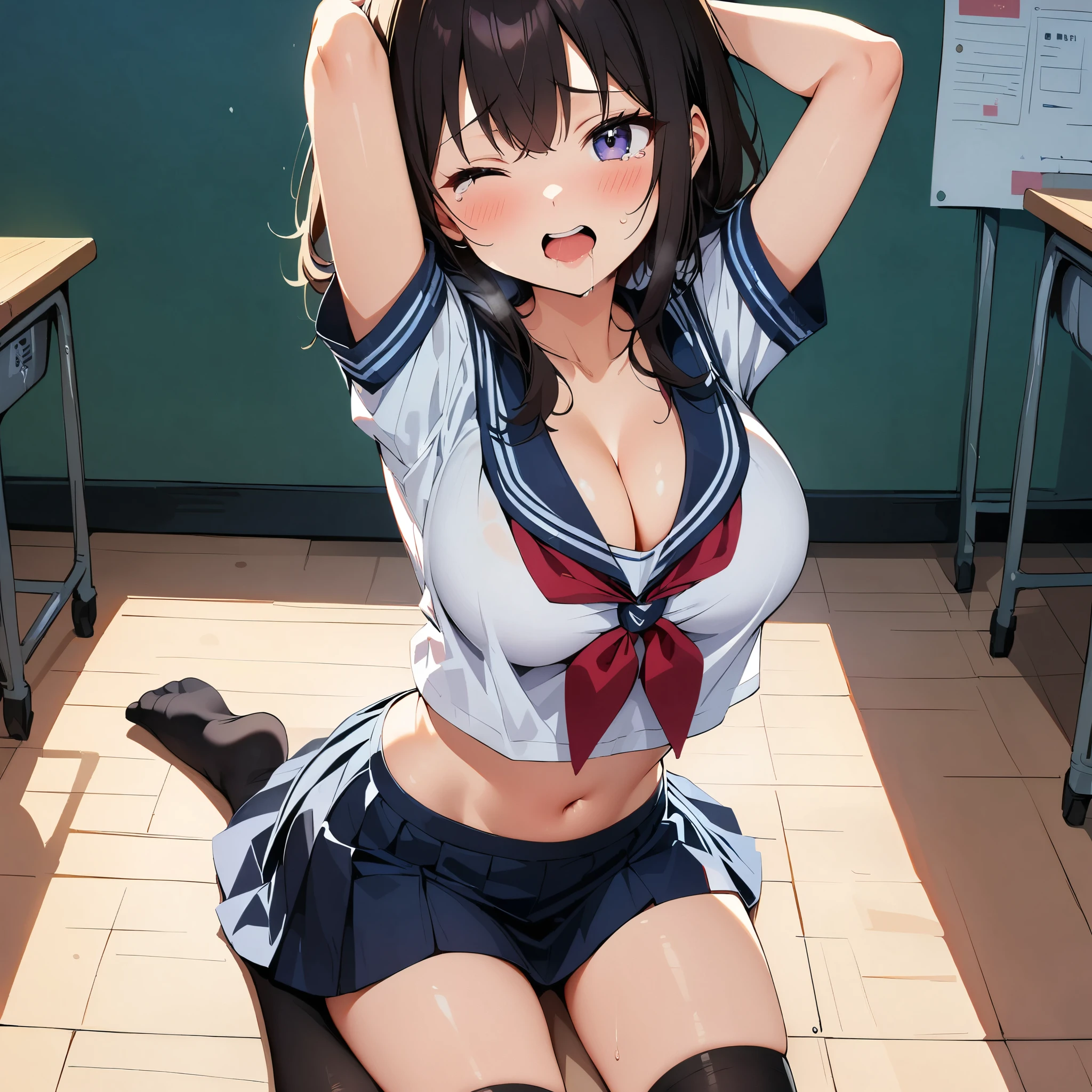 One girl, highest quality, Super detailed, masterpiece, Ultra-high resolution, 8k, Embarrassing, blush, Lovely, Close one eye, With tears in her eyes and her mouth open, What saliva leaves behind, (arms behind head), wariza, sailor uniform, out, crop top navel, Sticky white lace panties,room Background, (Videl:1.4), The skirt is accidentally exposed,large breasts, Accideexposed panties, Absolute area knee socks
