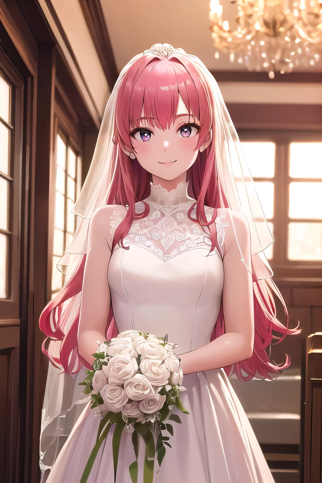 (8K, top-quality, masterpiece:1.2), (reallistic, Photorealsitic:1.37), Super Detail, One girl,), (Highly detailed), (beautifully detailed eyes), (of the highest quality), (super detailed ), (masterpiece), (Detailed face),20yr old, ,1 girl, ((pink hair,long hair)), medium breasts, clothed, Perfect Lighting, BREAK, (wedding dress:1.5), (sheer fabric:1.3), (lace details:1.4), (modest exposure:1.2), (innocent yet sexy:1.3), (white:1.4), (ivory:1.2), (beige:1.1), (long train:1.2), (high-neck blouse:1.1), (wide-leg culottes:1.2), (silk socks:1.1), (flat shoes:1), BRAKE, (upper body to thighs:1.3), (long pink hair:1.2), (standing:1.2), (smile:1.2), (face forward:1), (looking at viewer:1), (hands on dress:1), (chandelier:1.1), (white flowers:1), (natural light:1.2), (wedding hall:1.2)


