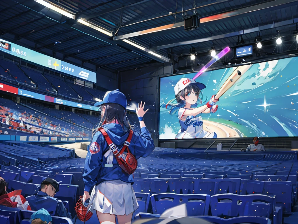 ((highest quality)), A packed audience waving blue glow sticks、Baseball Stadium、Outfield seats、Night games、Relief car、Flying blue light、Particle Effects