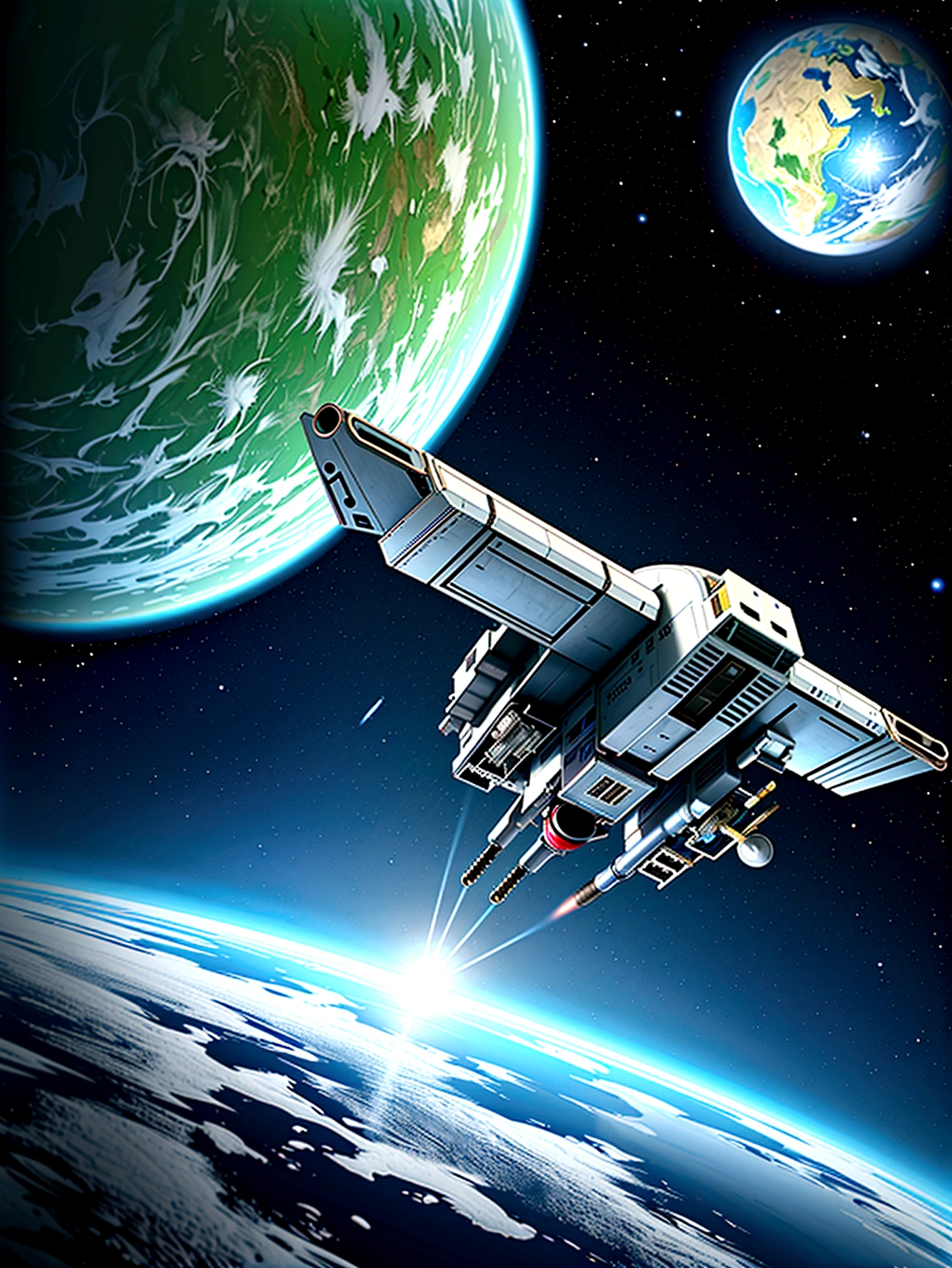 planeta verde e branco, seen from a distance in space, a T70 x-wing fighter ship, feita de metal brilhante, voando em orbita, make the image very dramatic and surreal with a wide-angle view