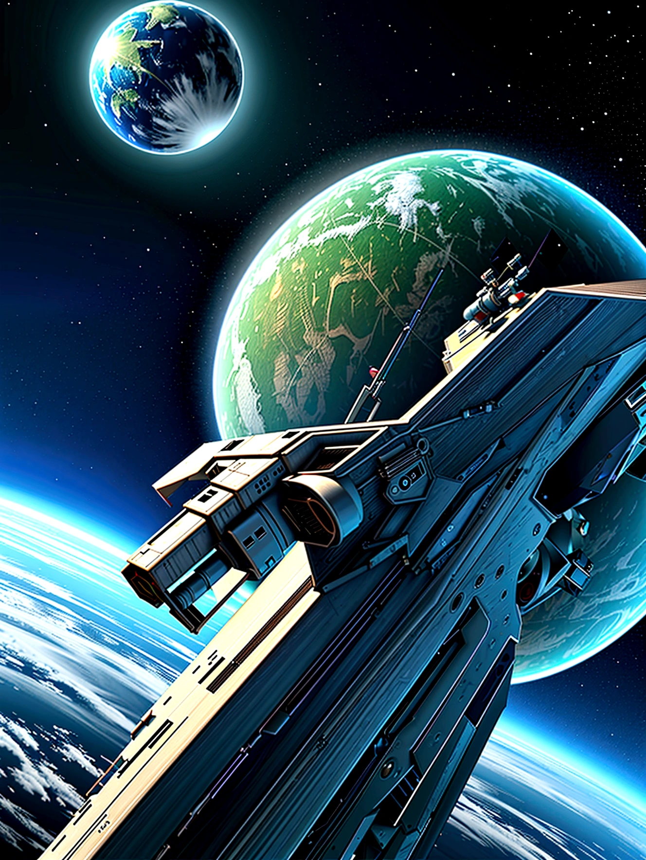 planeta verde e branco, seen from a distance in space, a T70 x-wing fighter ship, feita de metal brilhante, voando em orbita, make the image very dramatic and surreal with a wide-angle view