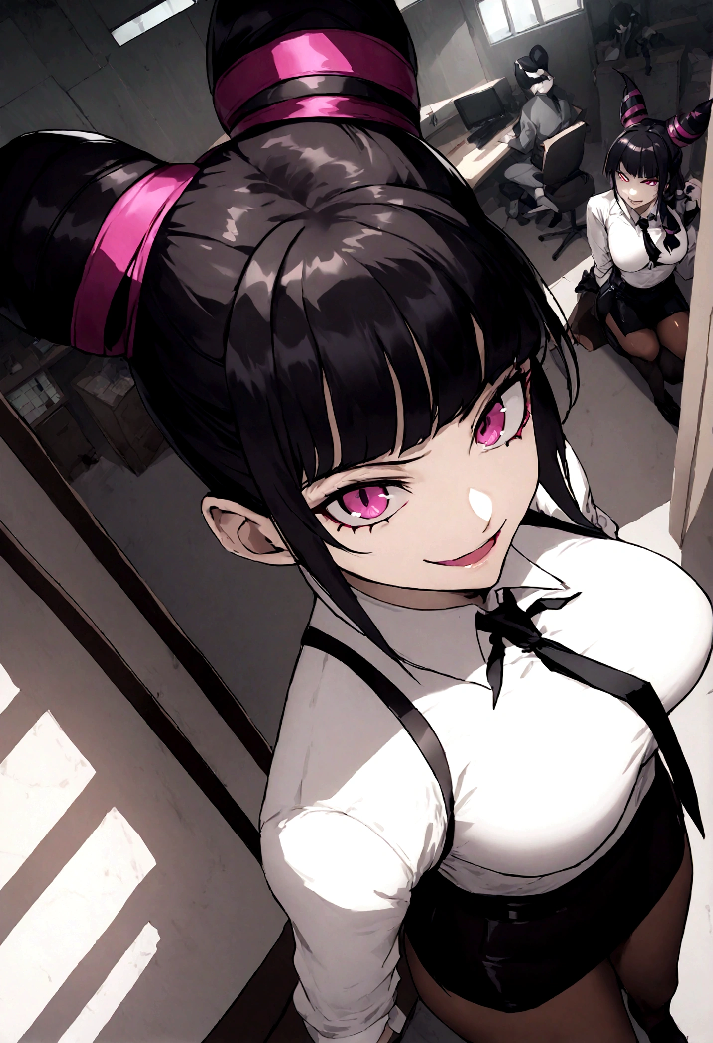 juri han, work of art, tight white secretary shirt with black tie, black high waist skirt, short skirt, black hair, black tights,evil smile,office,franja nos olhos,lighting,chifre de cabelos,view from above,olhando para cima,sentada,pernas cruzadas
