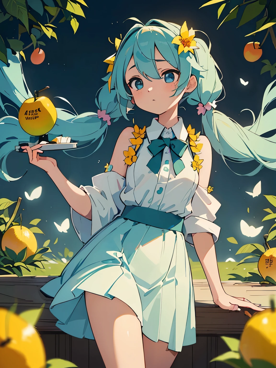 (masterpiece、highest quality、highest quality、Official Art、Beautiful and beautiful:1.2)、(One girl:1.3)Hatsune Miku、Twin tails,Beautiful breasts,(((Sports Late))) ,(((masterpiece))),(((highest quality))), ((Super detailed)), (Awareness-raising), ((Very sophisticated and beautiful)),Floating King, (Beautiful Eyes），（Detailed light），(((He is a fruit)))，Fresh flowers，(color: 1.5)，Educational children&#39;s book illustration, 原colorパレット, Dressed up as a witch for Halloween, rain，City Street View，night，Starlight，Confectionery，trouble，Feeling curious, kids book, KidsRedmAF, MKRU Style