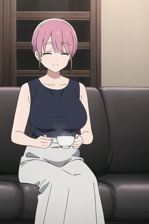 (Highly detailed CG Unity 8k wallpaper),(masterpiece),(highest quality),(Super detailed),(Best illustrations),(Best Shadow),(Absurd), Michiyo, One girl, alone, Pink Hair, close your eyes, cup, Sitting, sofa, smile, shirt, Open your mouth,(Sleeveless maxi dress), short hair, indoor, teacup、(Huge breasts:2)、Milk tent