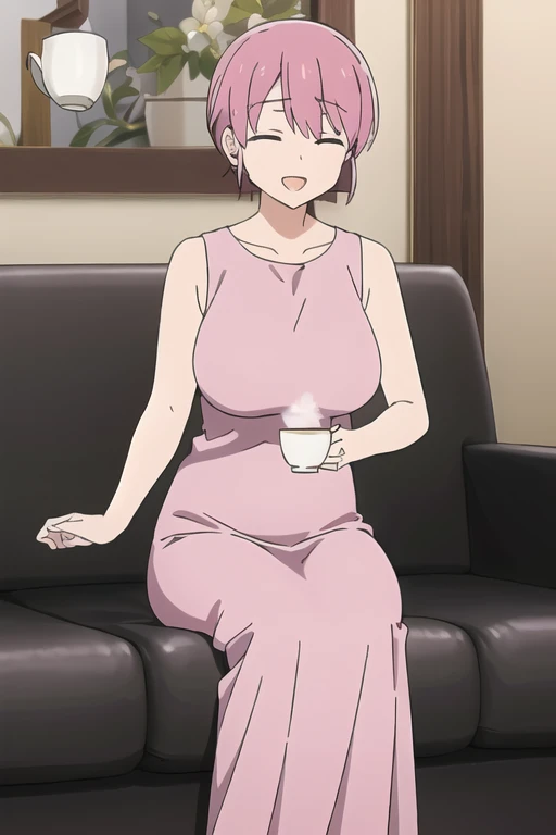 (Highly detailed CG Unity 8k wallpaper),(masterpiece),(highest quality),(Super detailed),(Best illustrations),(Best Shadow),(Absurd),   Michiyo, One girl, alone, Pink Hair, close your eyes, cup, Sitting, sofa, smile, shirt, Open your mouth,（Sleeveless maxi dress）, short hair, indoor, teacup、（Huge breasts:2）、Milk tent