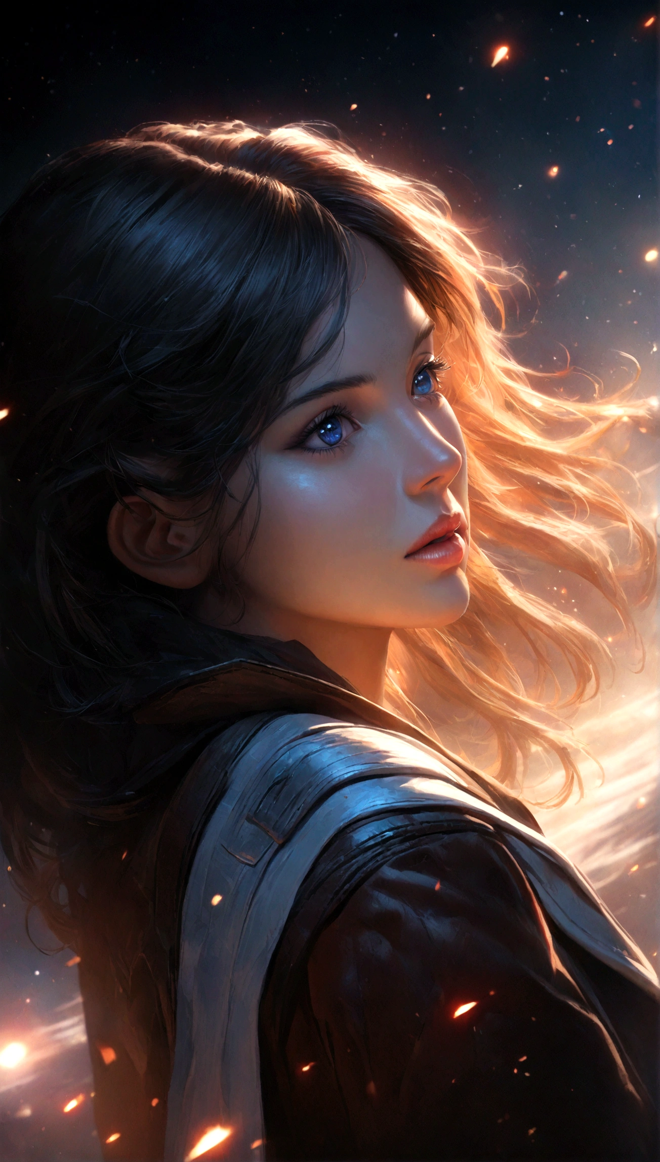 a female version of Han Solo, intricate details, detailed immersive background, realistic, star wars, 1 woman, beautiful detailed eyes, beautiful detailed lips, extremely detailed face and eyes, long eyelashes, cinematic lighting, dramatic shadows, chiaroscuro lighting, epic space scene, detailed nebulae, detailed star field, sci-fi atmosphere, high quality, 8k, ultra-detailed, photorealistic, masterpiece