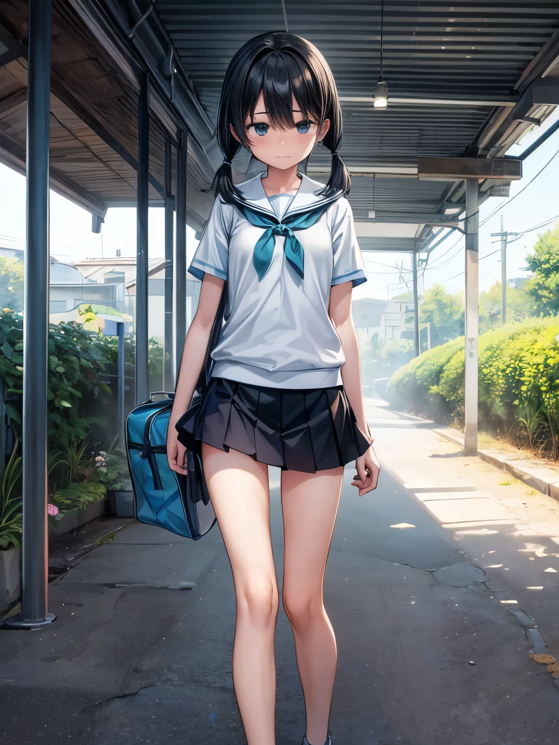 (masterpiece、highest quality、highest quality、Official Art、Beautiful and beautiful:1.2)、(One girl:1.3)Hatsune Miku、Twin tails,Beautiful breasts,Super high quality by the god of art, Super detailed, High resolution, Anime Moe Art Style, best anime 8k konachan wallpaper, pixiv Contest Winner, Perfect Anatomy, break,(Draw a girl walking sleepily to school. ),break, One Girl, (alone,,,13 years:1.3),Complete limbs, Full Finger,, The charm of androgyny, (Very short hair), Sleeping hair, My hair is messy, Flat Chest, Small Ass, between legs, Small eyes,Beautiful and exquisite black eyes, Well-proportioned iris and pupil, Disgusted Eyes,  High resolution detailed hair, , skirt, On the way to school. break,Super detailed細なスキン, Best lighting by famous artists, 8k, figure,