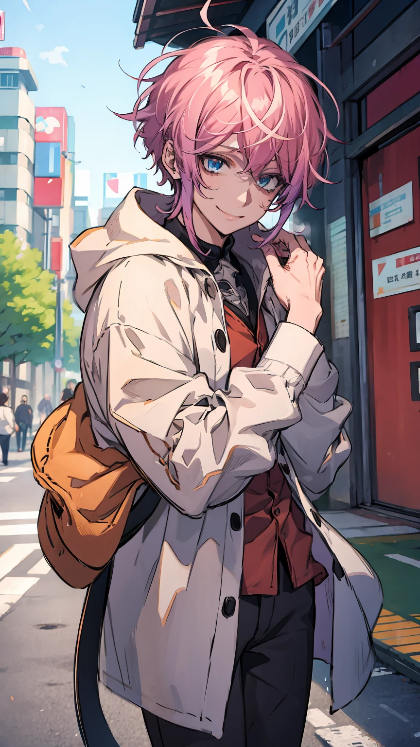 1boy, male photo,pink hair,cute smile,sunny day,in Tokyo city,high quality, best quality, masterpiece, 8K