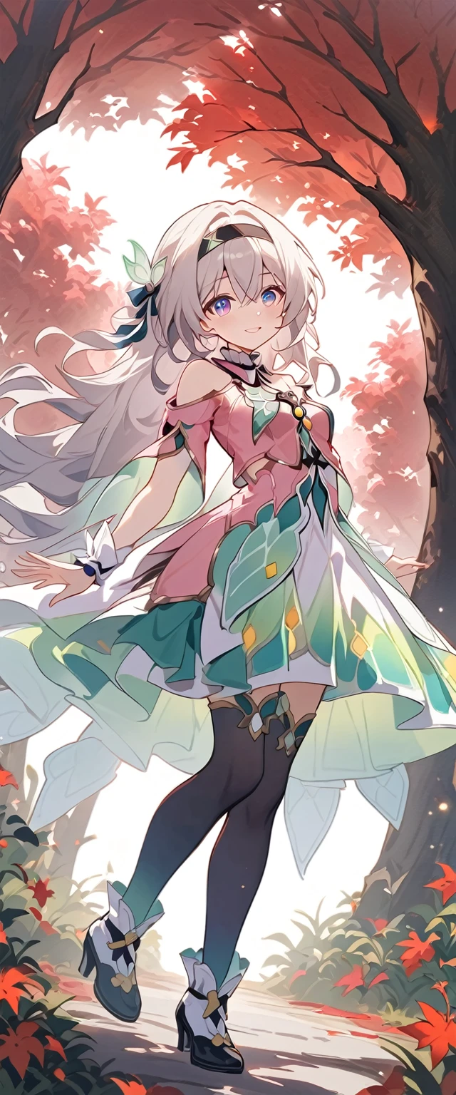firefly \(honkai: star rail\),1girl,solo,(Pink strapless dress :1.5), (silver Long hair:1.5) ,black _ hair band, X-shaped _ eyebrows, hair band, POE _ Hair, bangs, bare shoulders, full body shot, black stockings, white heels, outdoor, red Maple Grove,