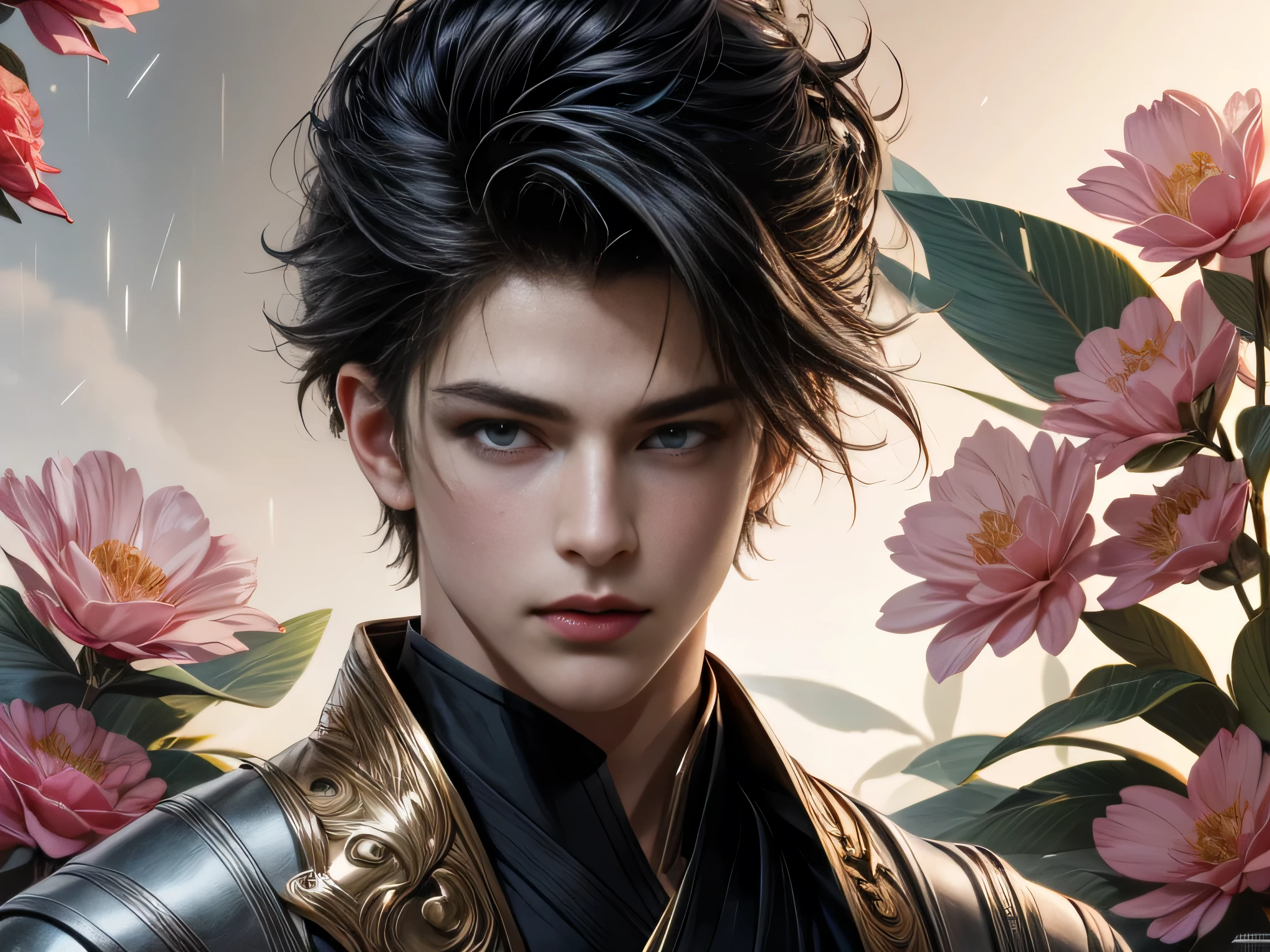 (Best Quality, 8K, Masterpiece, HDR, Soft Lighting, Picture Perfect, Realistic, Vivid), Nine Tails of a Black Fox (1.0), Tail of a Black Fox (1.0), Nine-Tailed Fox, Guy Fox with Black Hair and Blue Suit Sexy open leather suit, naked torso with developed body, beautiful fantasy anime, very handsome and cute fox guy, pink flower rain, background blur, anime fantasy, Gouves style work, realistic: 1.37, top view, lying in pink flowers, horizontal view, (ultra high quality fantasy art), masterpiece, male model, ultra high quality male character design, anime art with 8k development, realistic anime art, highest quality wallpaper illustrations, complex ultra high quality accurate male characters faces, high quality design and accurate physics (super high quality fantasy style)) art, dark fantasy)) Style), masterpieces, super high-quality characters, anime resolution - 8K, realistic anime art, wallpapers with the highest quality illustrations, ultra-high detail of faces, high-quality design and accuracy of physics), color, depth of field, shadows, ray tracing , production of high-quality computer wallpapers and 8K resolution, (Accurate simulation of the interaction of light and materials)], [High-quality hair detail [More about beautiful and shiny red hair]], (Beautifully detailed hands [perfect fingers [Perfect nails]], (perfect anatomy (perfect proportions)))) [[Full-length]], [Perfect combination of colors (Accurate imitation of the interaction of light and material)], [art that conveys the meaning of the story]