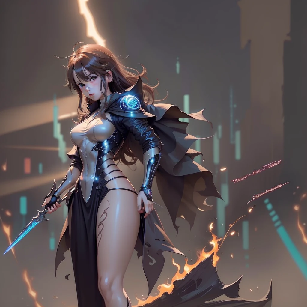 human Sorcerer secret agent, full body, wearing an elegant suit with magic circuits, long sword with magical carved details glowing, whole rabbit ears, human face, glowing eyes, fantasy RPG, tanned skin, neon punk, art book, Studio ghibli, wide setting, in the middle of a magical cyber retro metropolis, magical light reflected in the hair and ear, aura of light, style power, half-top view, old anime style