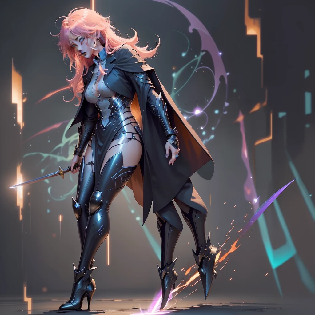 human Sorcerer secret agent, full body, wearing an elegant suit with magic circuits, long sword with magical carved details glowing, whole rabbit ears, human face, glowing eyes, fantasy RPG, tanned skin, neon punk, art book, Studio ghibli, wide setting, in the middle of a magical cyber retro metropolis, magical light reflected in the hair and ear, aura of light, style power, half-top view, old anime style