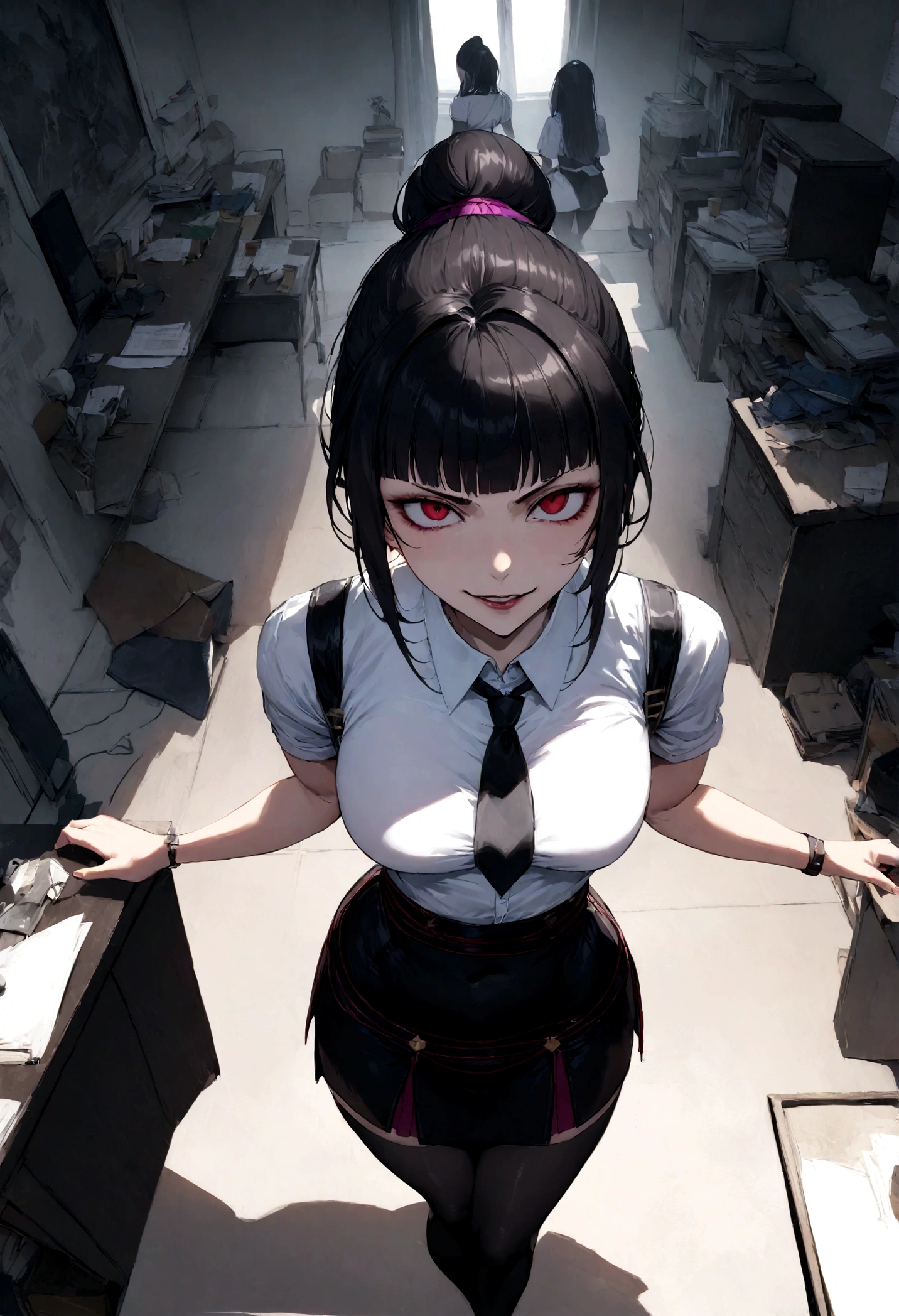 One adult woman with narrow eyes,career woman,Office Lady,business suit,Tight skirt,pumps,lawyer,cool,gauze, Forehead,Anatomically correct, accurate, masterpiece, Highest quality, Winner of numerous awards, Textured skin, retina, retina, Black Hair, Half-up hairstyle, solemn, Column Lineup,Cinematic light effects, Anime Style, Japanese illustration style, Half-up hairstyle, Very adult