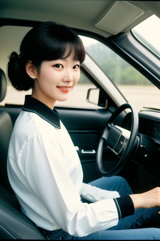 1 korean girl, solo, beautiful adult woman, ((hairstyle of the 1980s)), drigg, long sleeves, jeans, closed mouth, upper body,smile blurry background, ground vehicle, motor vehicle, realistic, car, sitting in car, driving car, interior cockpit, retro artstyle,masterpiece,official art,best quality,ray tracing,volumetric light,realistic,photorealistic,ultra highres,vivid,nostalgia,