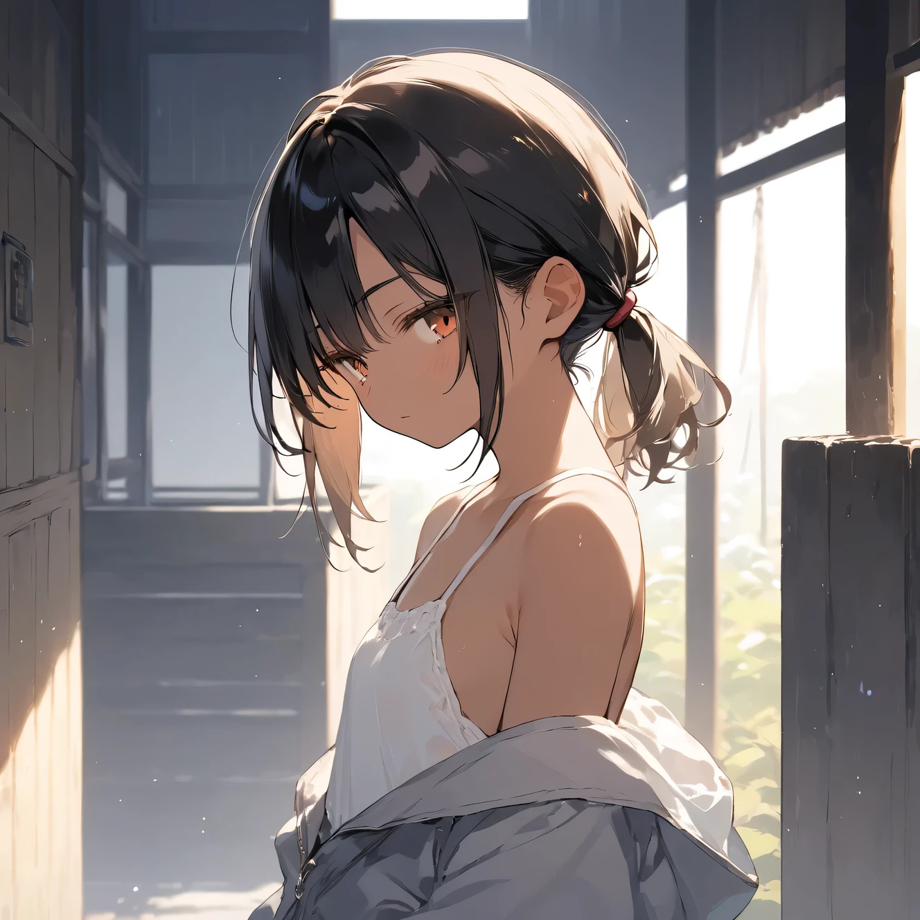 score_9, score_8_up, score_7_up, source_anime, best quality, masterpiece,official art, absurdres, highres, waifu2x,break,1girl, tomboy, dark-skinned female, short hair, low ponytail, flat chest, sleeply, outdoors, break,(clear line illustration:1.2),very high resolution, very aesthetic, super detailed skin, Best sexual lighting powered by famous artist, 8k,ero picture,beauty illustration,photoshop_(medium),,(Detailed Lighting),uncensored,
