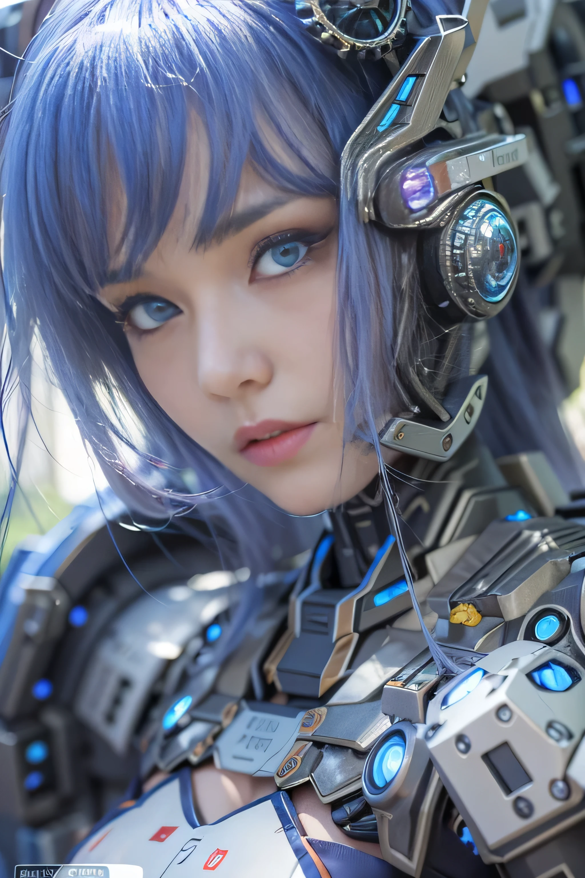 (RAW quality:1.4), Wide-angle shot, 1 female, Mecha, Sparkling blue eyes, , Japanese, Very cute face, (Realistic:1.37), Biomechanical, Complex robot, Cleavage, (Bare skin is exposed from under the chest to the lower abdomen.:1.4), Spaceship interior bokeh background, Ultra-realistic, Very detailed, Very intricate details, Beautiful woman in sharp focus, Thin pubic hair,