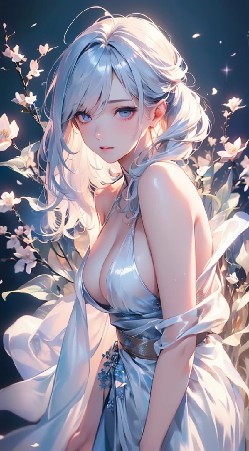 ((masterpiece:1.5、8k、Portraiture、Photorealistic and very detailed CG、Very detailed、Particle Effects、Dynamic Effects、Written boundary depth、Cinematic Light、Lens flare、Ray Tracing、Tabletop、Realistic:1.4、超A high resolution:1.2、Realistic、Realistic))((alone、,Woman wearing a long shawl over a satin dress:1.4、Dynamic female pose:、Exposed sideboob、Detailed face、brightexpression、young, bright, Whiter skin、Ample breasts、Best Looks、Ultimate beauty、Shiny silver hair with highlights、bright and shiny hair,、Super long, Silky straight hair、Hair swaying in the wind))(Fantastic transparent flower々Surrounded by、White Background、Great background、Thin petals fluttering down)