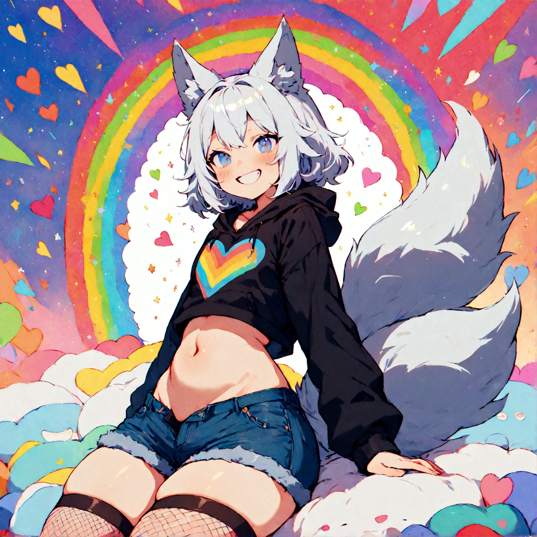 a cute adult male with wolf ears, white hair, has a wolf tail, wearing a loose cropped oversized black hoodie, wearing a pair of denim short shorts and thigh high fishnet stockings, thick thighs, wide hips, relaxing on mound of fluffy multi colored kawaii plushies, short, very slim, showing slender tummy, stretching out, heart on hoodie, squishy thighs, has glowing blue eyes. alone, solo (ALONE)(SOLO), surrounded by rainbows, colorful galaxy backround, mouth wide open grin, very happy, excited, nice butt