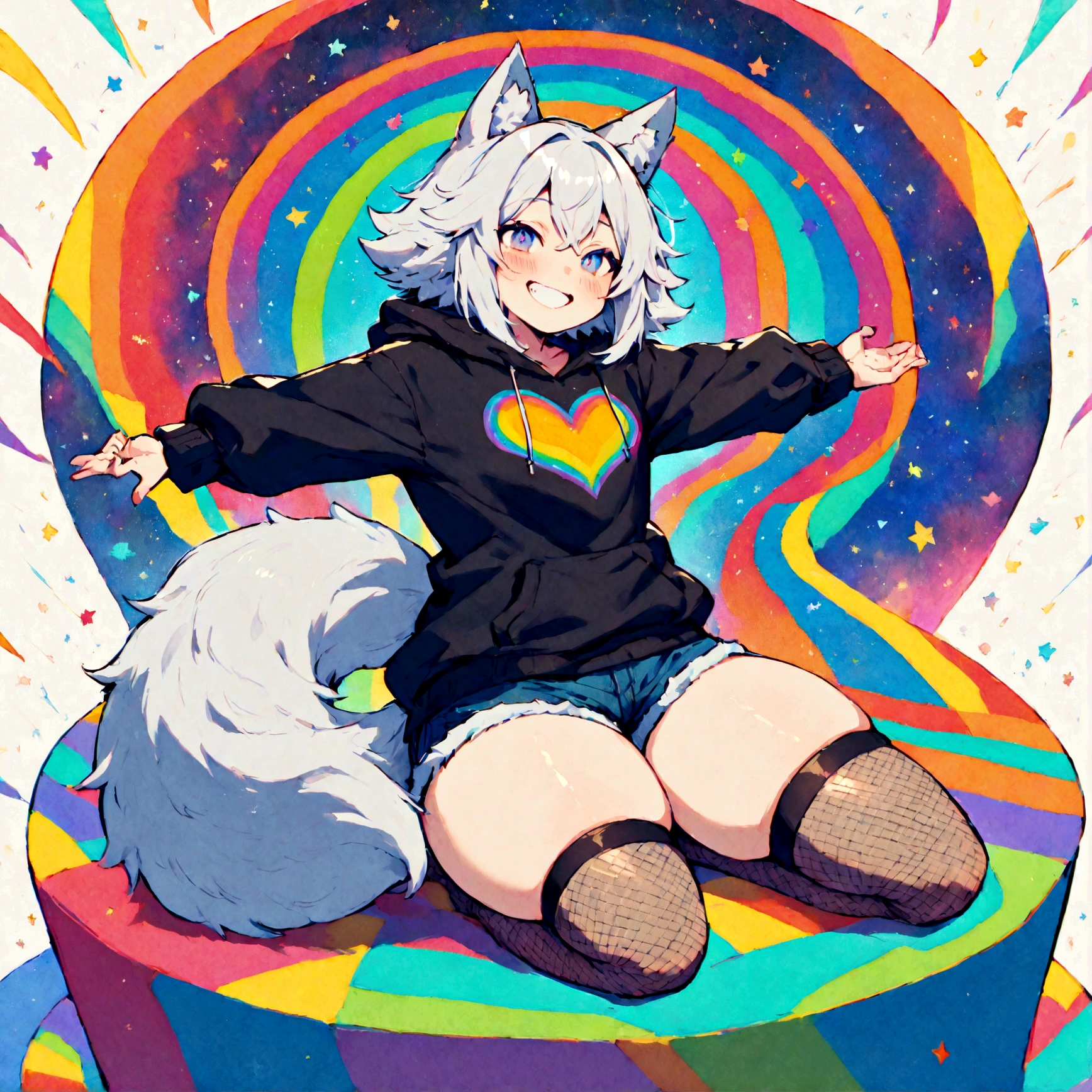 a cute adult male with wolf ears, white hair, has a wolf tail, wearing a loose cropped oversized black hoodie, wearing a pair of denim short shorts and thigh high fishnet stockings, thick thighs, wide hips, relaxing on mound of fluffy multi colored kawaii plushies, short, very slim, showing slender tummy, stretching out, heart on hoodie, squishy thighs, has glowing blue eyes. alone, solo (ALONE)(SOLO), surrounded by rainbows, colorful galaxy backround, mouth wide open grin, very happy, excited, nice butt