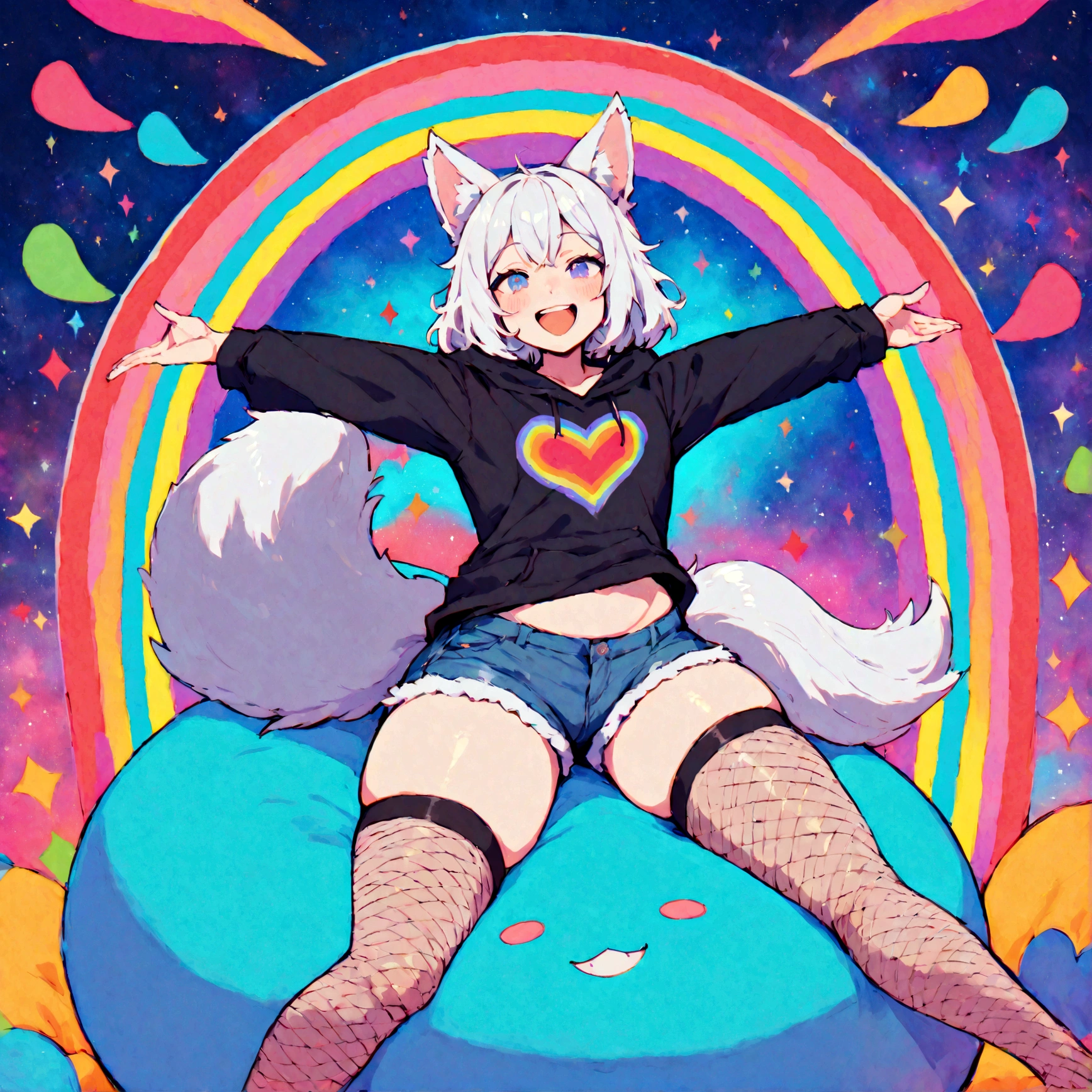 a cute adult male with wolf ears, white hair, has a wolf tail, wearing a loose cropped oversized black hoodie, wearing a pair of denim short shorts and thigh high fishnet stockings, thick thighs, wide hips, relaxing on mound of fluffy multi colored kawaii plushies, short, very slim, showing slender tummy, stretching out, heart on hoodie, squishy thighs, has glowing blue eyes. alone, solo (ALONE)(SOLO), surrounded by rainbows, colorful galaxy backround, mouth wide open grin, very happy, excited, nice butt