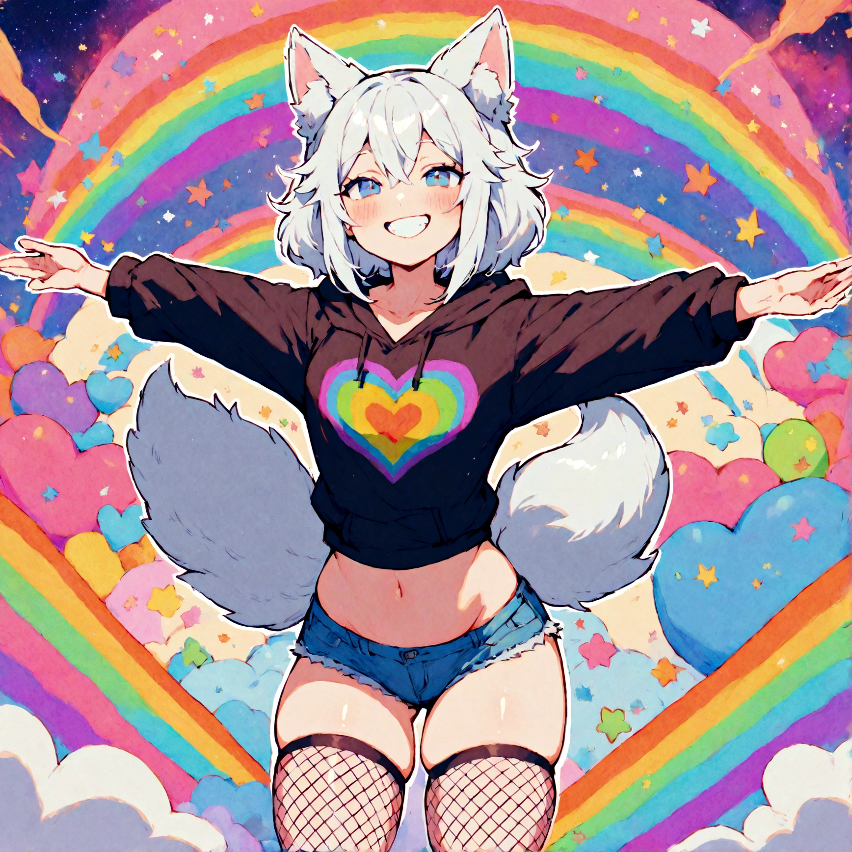 a cute adult male with wolf ears, white hair, has a wolf tail, wearing a loose cropped oversized black hoodie, wearing a pair of denim short shorts and thigh high fishnet stockings, thick thighs, wide hips, relaxing on mound of fluffy multi colored kawaii plushies, short, very slim, showing slender tummy, stretching out, heart on hoodie, squishy thighs, has glowing blue eyes. alone, solo (ALONE)(SOLO), surrounded by rainbows, colorful galaxy backround, mouth wide open grin, very happy, excited, nice butt