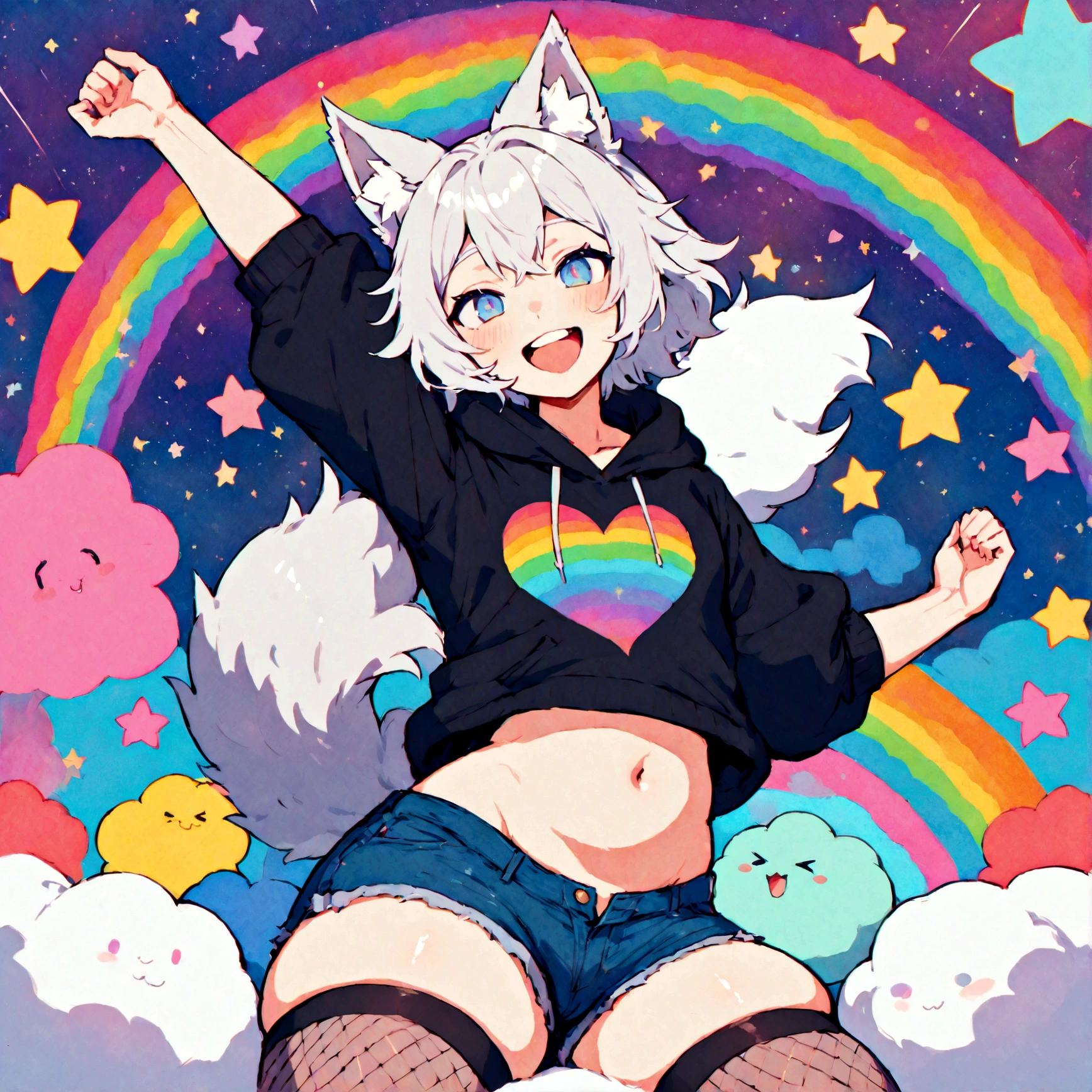 a cute adult male with wolf ears, white hair, has a wolf tail, wearing a loose cropped oversized black hoodie, wearing a pair of denim short shorts and thigh high fishnet stockings, thick thighs, wide hips, relaxing on mound of fluffy multi colored kawaii plushies, short, very slim, showing slender tummy, stretching out, heart on hoodie, squishy thighs, has glowing blue eyes. alone, solo (ALONE)(SOLO), surrounded by rainbows, colorful galaxy backround, mouth wide open grin, very happy, excited, nice butt